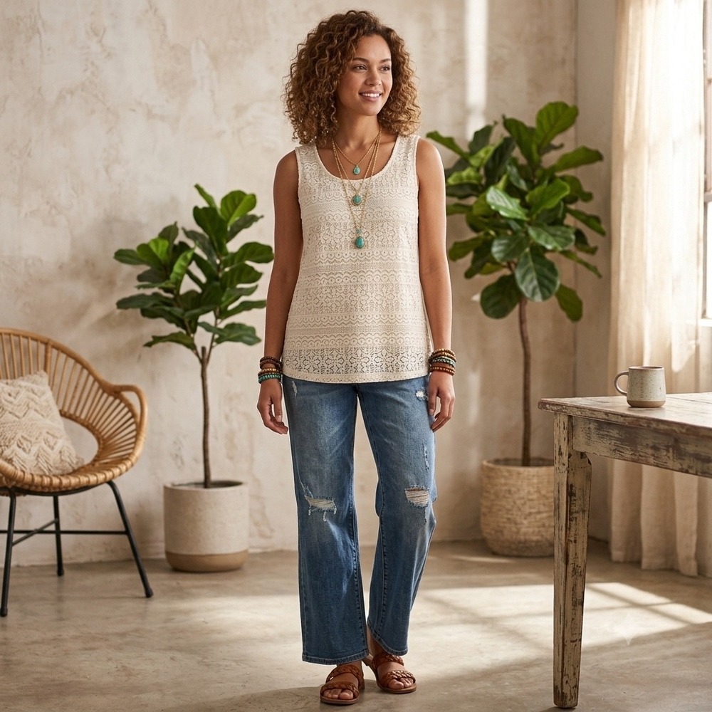 Susan Graver Lace Tank Top Womens Medium Cream Floral Sleeveless Boho Romantic - Picture 1 of 10